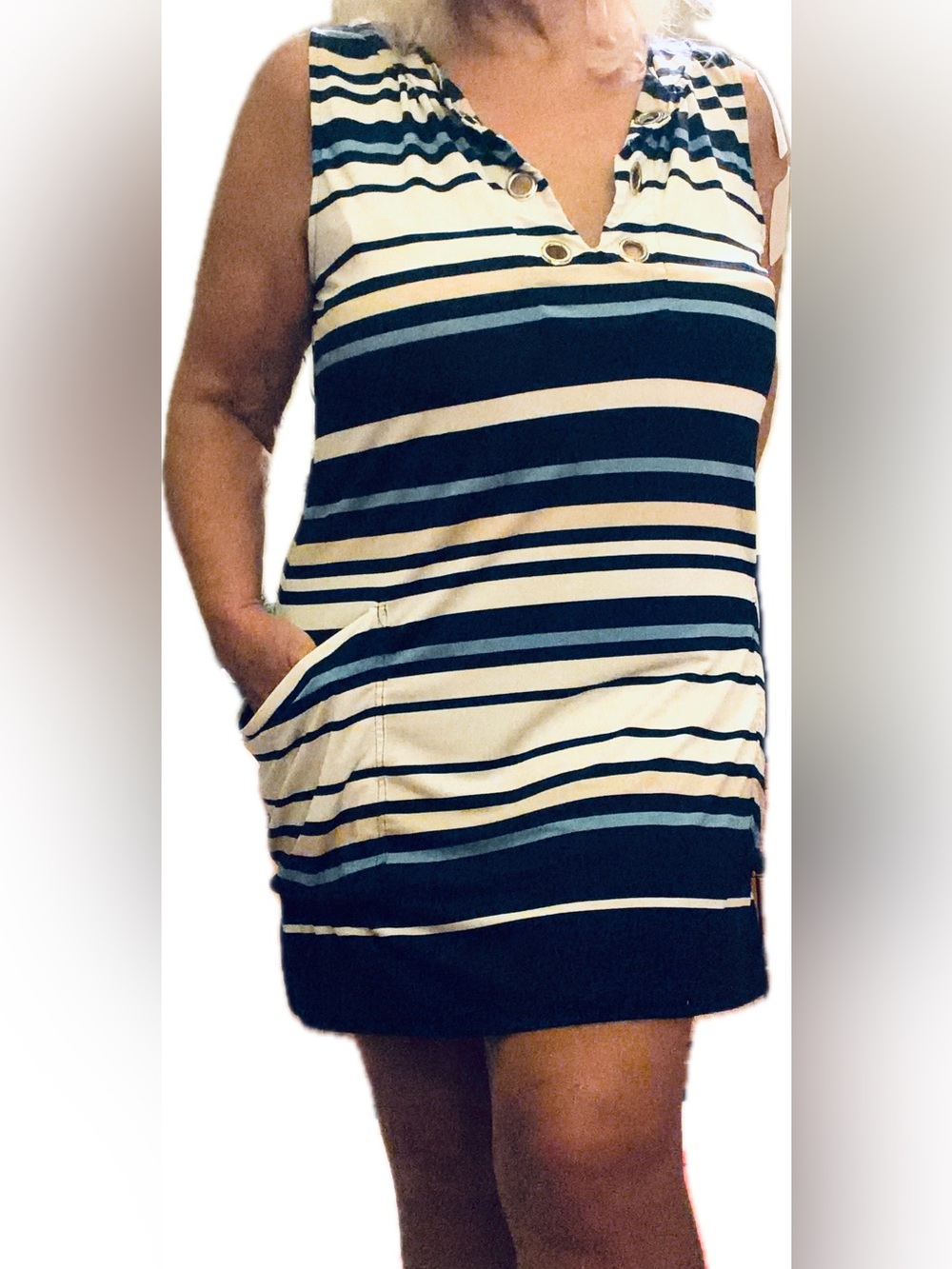 3/$20.  Sandiva Blue, Black and Cream Striped Mini Dress with Pockets